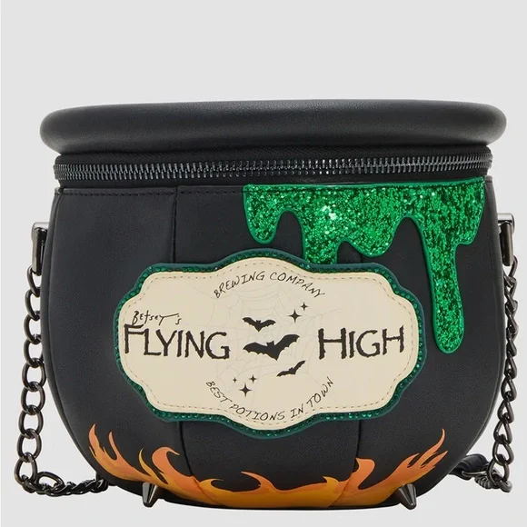 Betsey Johnson Black Crossbody Bag with Green Glitter and Orange Flames - Picture 3 of 14